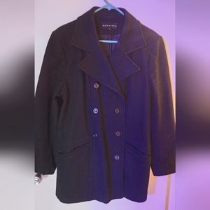 Black wool, thigh length pea coat. Size 14.